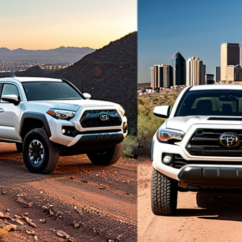 **Image:** A split-screen showcasing the Toyota Tacoma and Rivian R1T. On the left, the Tacoma is shown traversing a rocky off-road trail, highlighting its ruggedness and reliability. On the right, the R1T is depicted charging at a sleek, modern charging station against a backdrop of a futuristic cityscape, emphasizing its electric nature and modern appeal.