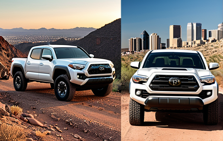 **Image:** A split-screen showcasing the Toyota Tacoma and Rivian R1T. On the left, the Tacoma is shown traversing a rocky off-road trail, highlighting its ruggedness and reliability. On the right, the R1T is depicted charging at a sleek, modern charging station against a backdrop of a futuristic cityscape, emphasizing its electric nature and modern appeal.