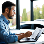 A focused professional adult in modest business casual attire, fully clothed, sits at a modern desk in a bright, organized home office. They are thoughtfully examining car insurance quotes on a laptop, with printed policy documents spread beside them. A subtle, blurred view of a modern Toyota Highlander Hybrid is visible parked outside through a large window, symbolizing the vehicle being insured. The scene is well-lit, capturing a calm and responsible decision-making process. Professional photography, high quality, perfect anatomy, correct proportions, natural pose, well-formed hands, proper finger count, natural body proportions, safe for work, appropriate content, family-friendly.
