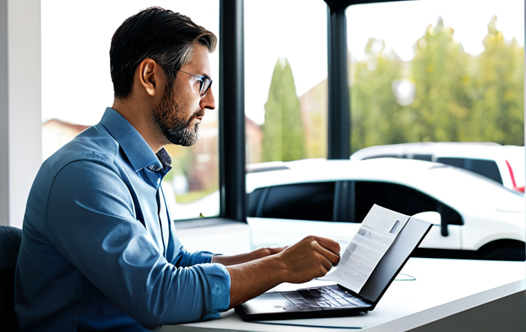 A focused professional adult in modest business casual attire, fully clothed, sits at a modern desk in a bright, organized home office. They are thoughtfully examining car insurance quotes on a laptop, with printed policy documents spread beside them. A subtle, blurred view of a modern Toyota Highlander Hybrid is visible parked outside through a large window, symbolizing the vehicle being insured. The scene is well-lit, capturing a calm and responsible decision-making process. Professional photography, high quality, perfect anatomy, correct proportions, natural pose, well-formed hands, proper finger count, natural body proportions, safe for work, appropriate content, family-friendly.