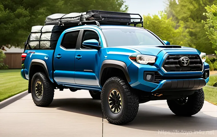 토요타 타코마의 적재 용량 - **Prompt:** A rugged yet pristine 2024 Toyota Tacoma Double Cab with a 5-foot bed is parked in a sub...