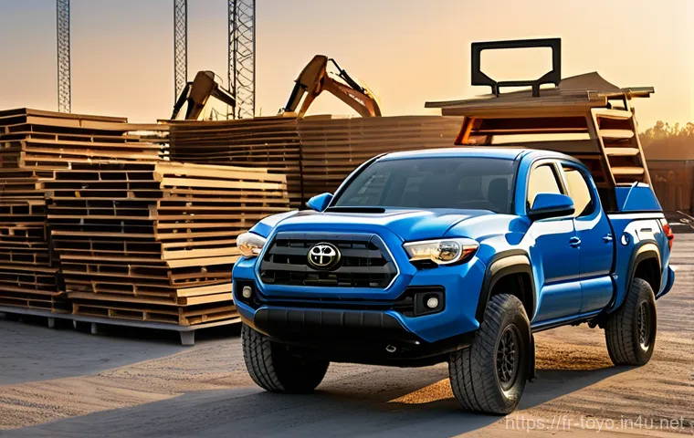 토요타 타코마의 적재 용량 - **Prompt:** A powerful 2024 Toyota Tacoma XtraCab with a 6-foot bed is positioned on a scenic dirt r...