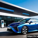 토요타 미라이의 유지비 분석 - A sleek Toyota Mirai hydrogen fuel cell vehicle parked at a modern French hydrogen refueling station...