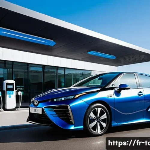 토요타 미라이의 유지비 분석 - A sleek Toyota Mirai hydrogen fuel cell vehicle parked at a modern French hydrogen refueling station...