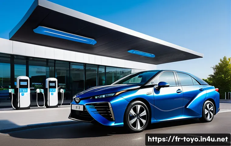 토요타 미라이의 유지비 분석 - A sleek Toyota Mirai hydrogen fuel cell vehicle parked at a modern French hydrogen refueling station...