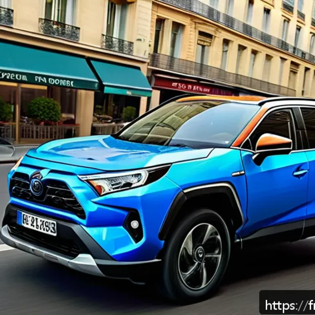 토요타 라브4 하이브리드의 고객 후기 - A sleek and modern Toyota RAV4 Hybrid driving smoothly through a bustling Parisian cityscape during ...