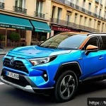 토요타 라브4 하이브리드의 고객 후기 - A sleek and modern Toyota RAV4 Hybrid driving smoothly through a bustling Parisian cityscape during ...