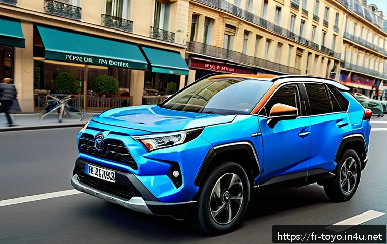 토요타 라브4 하이브리드의 고객 후기 - A sleek and modern Toyota RAV4 Hybrid driving smoothly through a bustling Parisian cityscape during ...