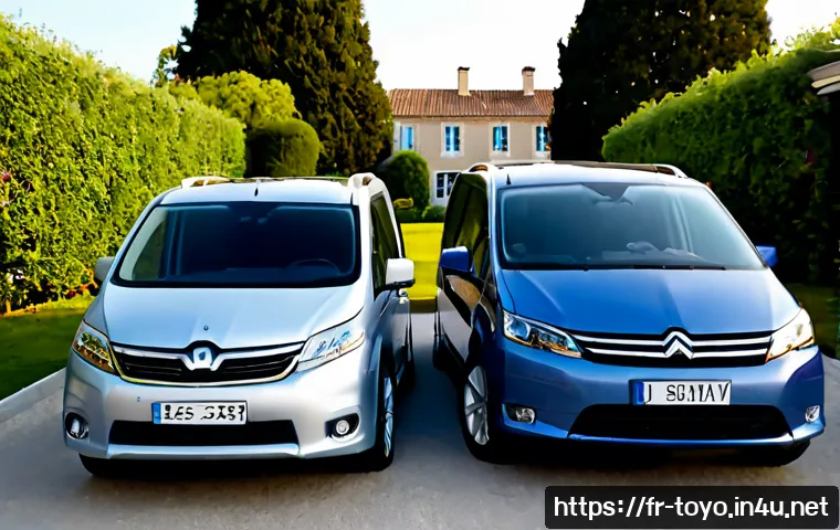 토요타 시에나 하이브리드와 기아 카니발 비교 - Photorealistic side-by-side comparison of two unbranded family minivans parked in a clean French sub...