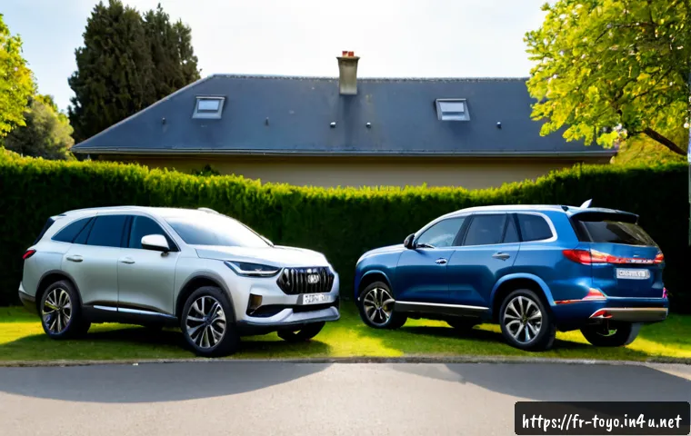 Home 17 토요타 하이랜더와 쉐보레 트래버스 비교 - Photorealistic side-by-side comparison of two large family SUVs, one refined midsize crossover and o...